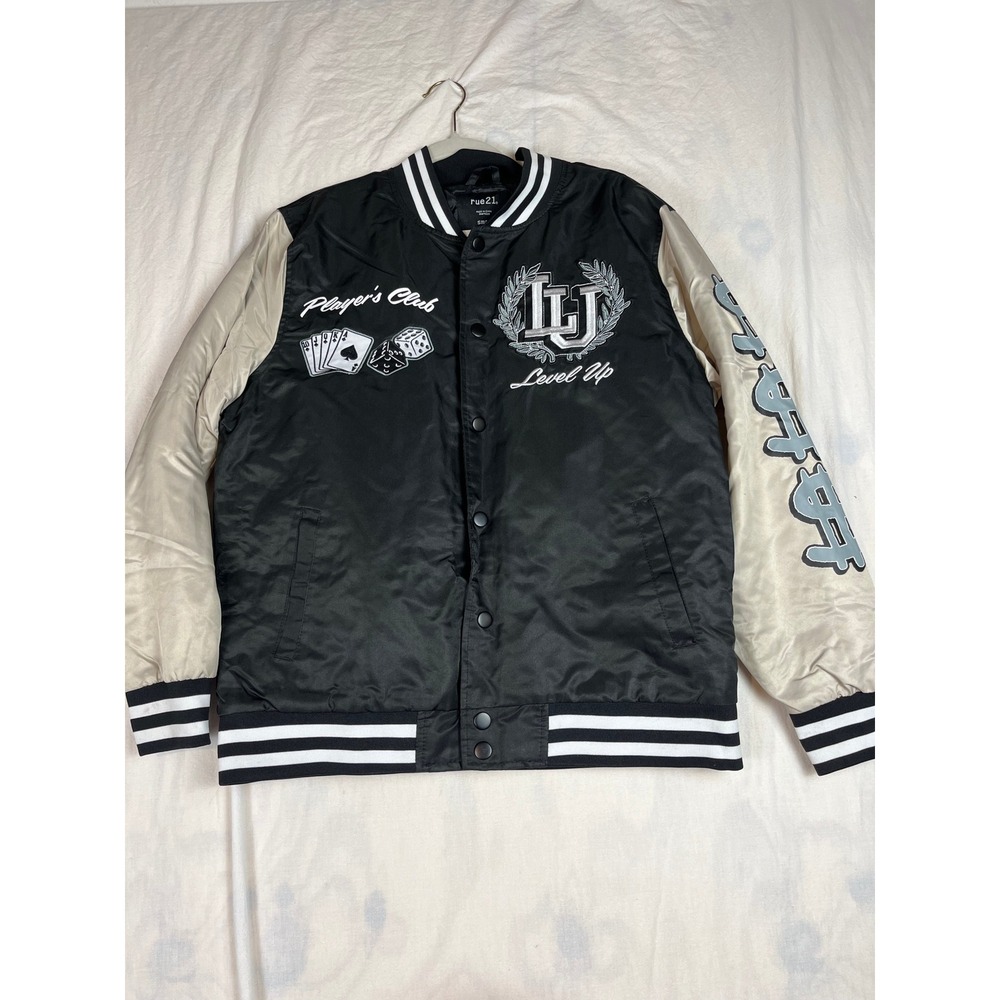 Rue21 Players Club Level Up Varsity Bomber Jacket Black Tan Womens Small 0580